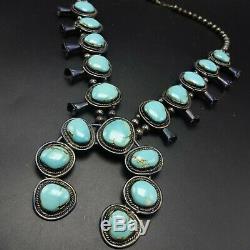 MID-CENTURY Vintage NAVAJO Sterling Silver Turquoise SQUASH BLOSSOM Necklace