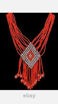 MY ESTATE JEWELRY VTG Native American natural coral turquoise fringe necklace