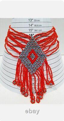 MY ESTATE JEWELRY VTG Native American natural coral turquoise fringe necklace
