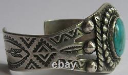 Maisels Vintage Navajo Indian Sterling Stamped Arrows Turquoise Cuff Bracelet