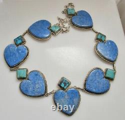 Massive Lapis Turquoise Heart Sterling Silver Necklace Heavy Vintage