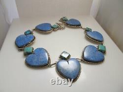 Massive Lapis Turquoise Heart Sterling Silver Necklace Heavy Vintage