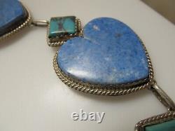 Massive Lapis Turquoise Heart Sterling Silver Necklace Heavy Vintage
