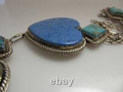 Massive Lapis Turquoise Heart Sterling Silver Necklace Heavy Vintage