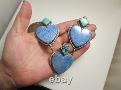 Massive Lapis Turquoise Heart Sterling Silver Necklace Heavy Vintage