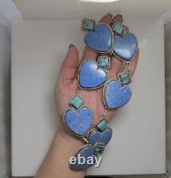 Massive Lapis Turquoise Heart Sterling Silver Necklace Heavy Vintage