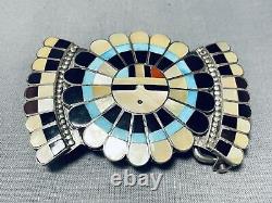 Massive Vintage Zuni Inlay Turquoise Coral Jet Sunface Sterling Silver Buckle