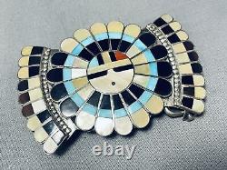 Massive Vintage Zuni Inlay Turquoise Coral Jet Sunface Sterling Silver Buckle