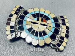 Massive Vintage Zuni Inlay Turquoise Coral Jet Sunface Sterling Silver Buckle