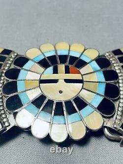 Massive Vintage Zuni Inlay Turquoise Coral Jet Sunface Sterling Silver Buckle