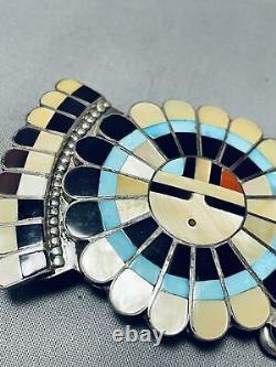 Massive Vintage Zuni Inlay Turquoise Coral Jet Sunface Sterling Silver Buckle