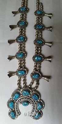Museum Quality Navajo Turquoise Sterling Squash Blossom Necklace Signed Vintage