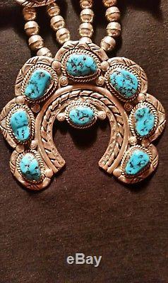 Museum Quality Navajo Turquoise Sterling Squash Blossom Necklace Signed Vintage