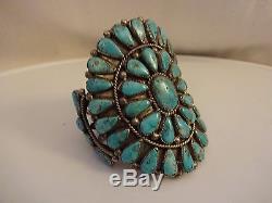 Museum Quality Vintage NAVAJO Sterling Silver & Cluster TURQUOISE Cuff BRACELET