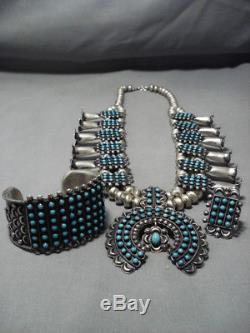 Museum Turquoise Vintage Navajo Sterling Silver Squash Blossom Necklace Bracelet