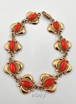 Museum Vintage Navajo 14k Yellow Gold Mediterranean Red Coral Link Bracelet