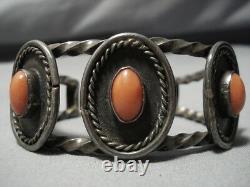 Museum Vintage Navajo Domed Coral Sterling Silver Heavy Twist Cuff Bracelet Old