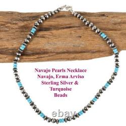 NAVAJO PEARLS Necklace TURQUOISE Sterling Silver Antiqued 5-6mm Beads 16in