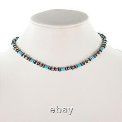 NAVAJO PEARLS Necklace TURQUOISE Sterling Silver Antiqued 5-6mm Beads 16in