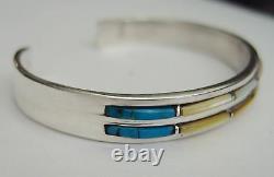 NAVAJO Sterling Silver Turquoise MOP CUFF BRACELET 2 ROWS PICTORIAL MAKER'S MARK