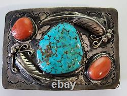 NAVAJO VINTAGE BELT BUCKLE ZUNI JEWELLERY TURQUOISE and CORAL