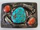NAVAJO VINTAGE BELT BUCKLE ZUNI JEWELLERY TURQUOISE and CORAL