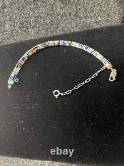 Native American. 925 Sterling Silver Navajo Multicolored Link Bracelet