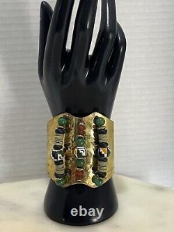 Native American Brass Cuff Bracelet with Jades & Hand Painted Beads VTG RARE