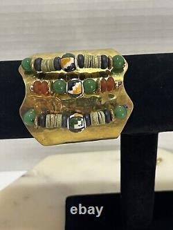 Native American Brass Cuff Bracelet with Jades & Hand Painted Beads VTG RARE