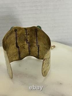 Native American Brass Cuff Bracelet with Jades & Hand Painted Beads VTG RARE
