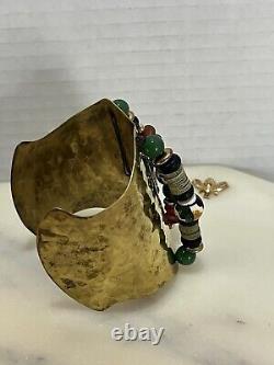 Native American Brass Cuff Bracelet with Jades & Hand Painted Beads VTG RARE