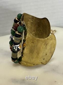 Native American Brass Cuff Bracelet with Jades & Hand Painted Beads VTG RARE