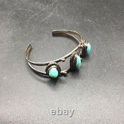 Native American Cuff Bracelet 3 Turquoise Gems Stones Bezel Set Vintage Jewelry