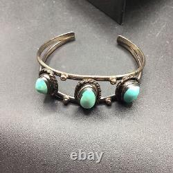 Native American Cuff Bracelet 3 Turquoise Gems Stones Bezel Set Vintage Jewelry