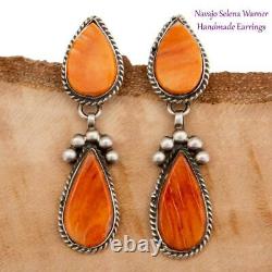 Native American Earrings Sterling Silver Fiery Sunset Orange Spiny Oyster