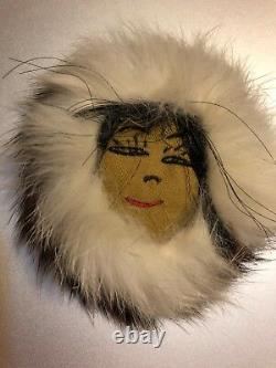 Native American Indian Fur Hat Face Big Pin Brooch Vintage Jewelry Folk Art