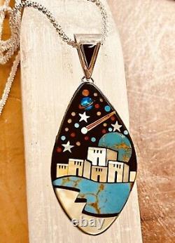 Native American Indian Jewelry Sterling Silver Vintage Micro Inlay Pendant