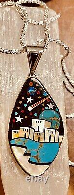 Native American Indian Jewelry Sterling Silver Vintage Micro Inlay Pendant
