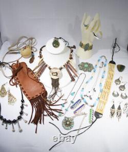 Native American Jewelry Lot Necklaces, Bracelet, Rings, Leather, Stones, Earring