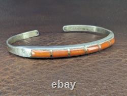 Native American Narrow Sterling Silver Coral Inlay Cuff Vintage