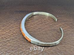 Native American Narrow Sterling Silver Coral Inlay Cuff Vintage
