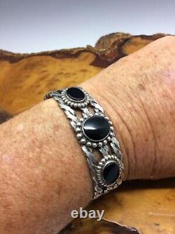 Native American Navajo Cuff Bracelet Sterling Silver Black Stones