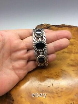 Native American Navajo Cuff Bracelet Sterling Silver Black Stones