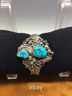 Native American Navajo Cuff Bracelet Sterling Silver Turquoise Stones