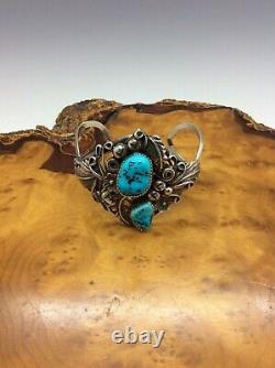 Native American Navajo Cuff Bracelet Sterling Silver Turquoise Stones