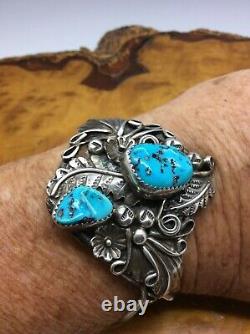 Native American Navajo Cuff Bracelet Sterling Silver Turquoise Stones