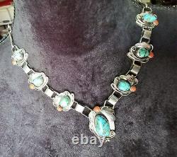 Native American Navajo Style Jewelry Turquoise Coral Necklace Vintage Signed CJI