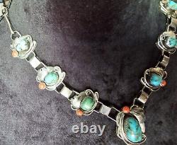 Native American Navajo Style Jewelry Turquoise Coral Necklace Vintage Signed CJI