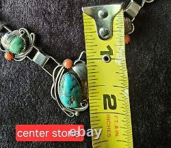 Native American Navajo Style Jewelry Turquoise Coral Necklace Vintage Signed CJI