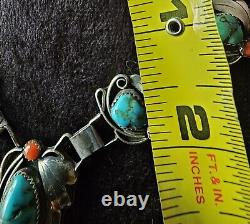 Native American Navajo Style Jewelry Turquoise Coral Necklace Vintage Signed CJI